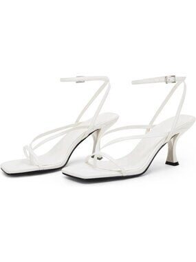 Women's White Leather Lace Up Square Flip Flop High Heels Strappy Sandals